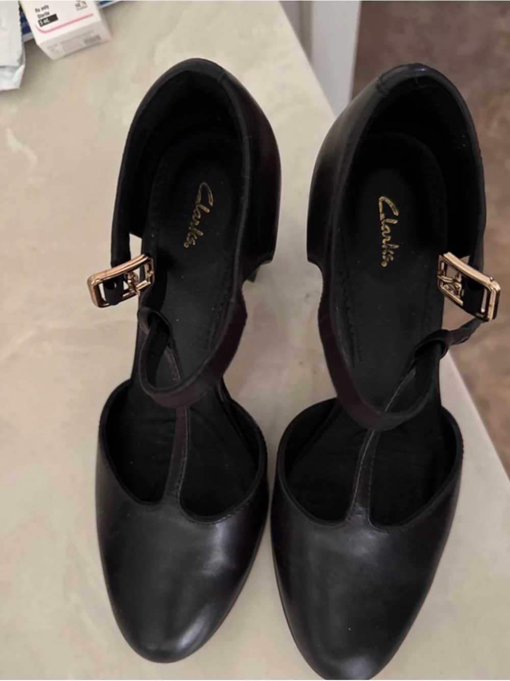 Clarks Black T-Strap Block Heels with Gold Buckles